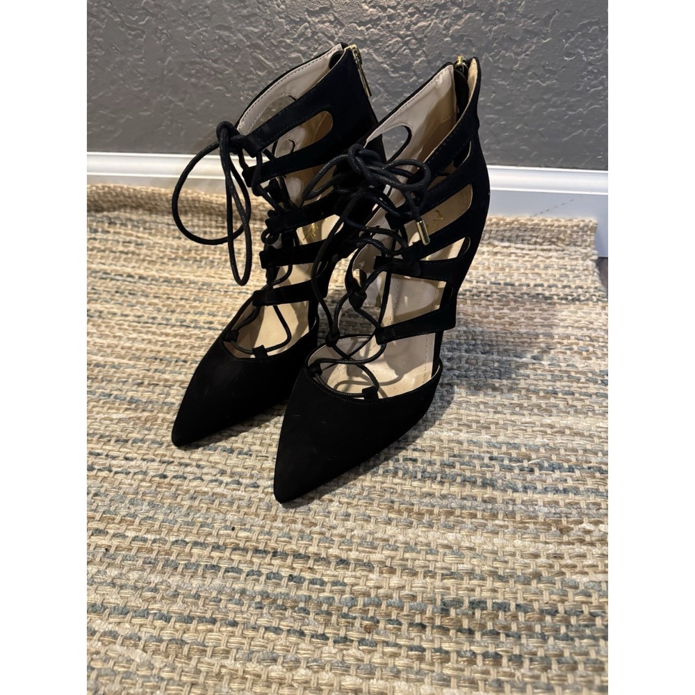 Anne Michelle Caged Tie Up Pointed Toe Pumps Size 8 Black